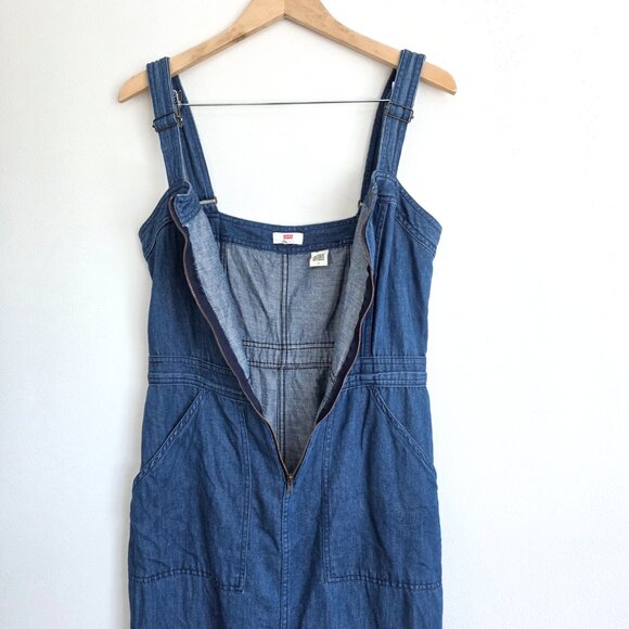 Vintage Levi's Denim Jumper Dress Overall Skirt Medium Zip Front 90s Grunge - Picture 6 of 12